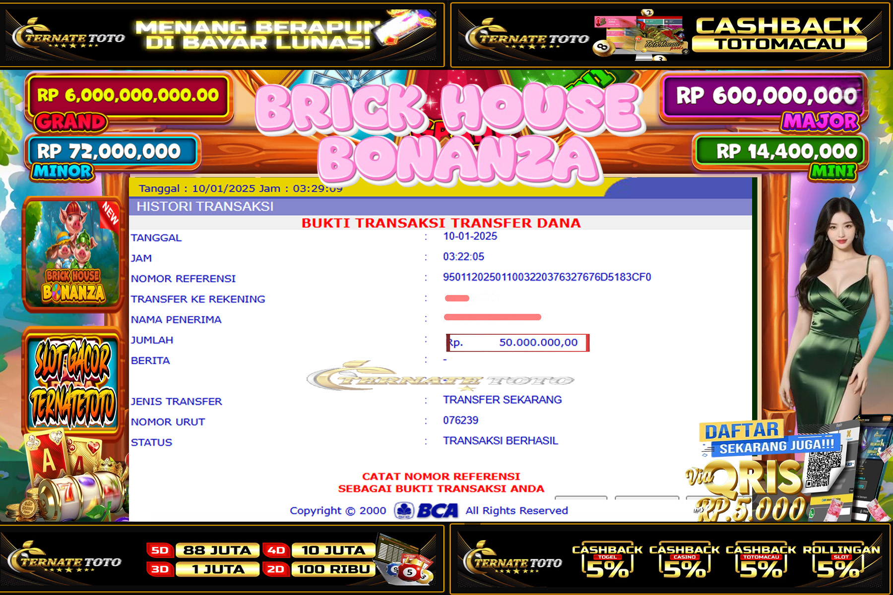 TERNATETOTO - JACKPOT SLOT BRIXK HOUSE BONANZA Rp. 50,000,000,-